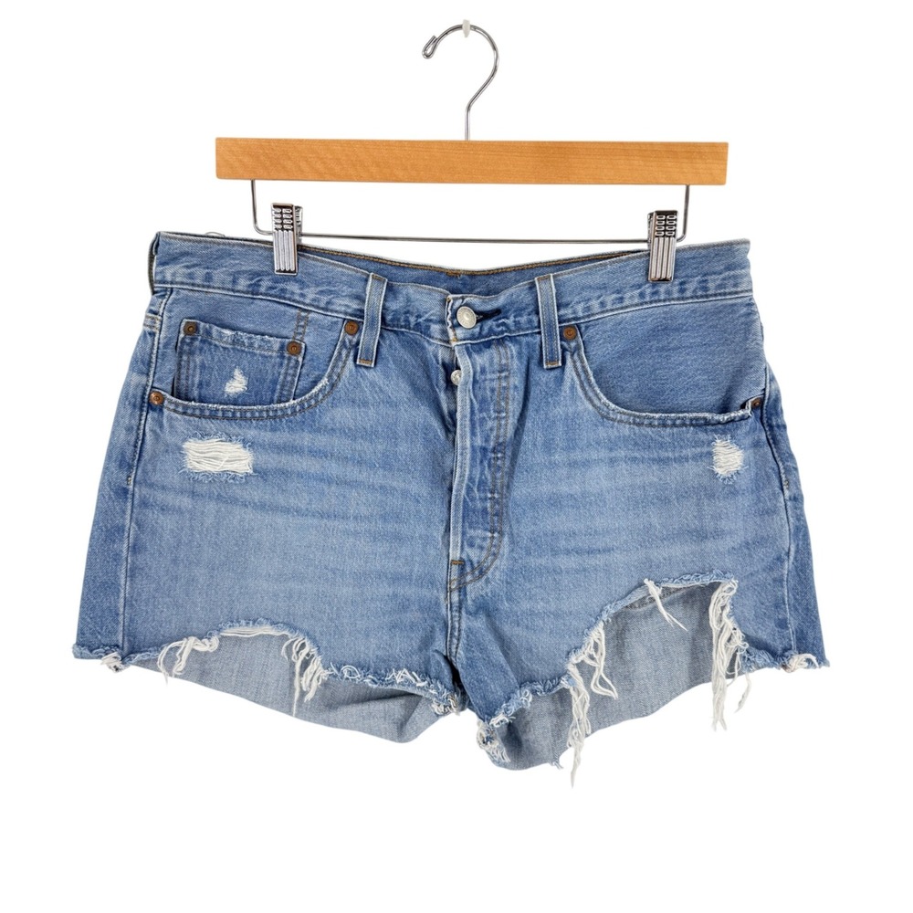 Levi's 501 Original Cutoff Shorts Blue 32 Distressed Denim High Rise Festival